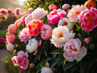 A breathtaking, cinematic photograph of a lush peonies garden
