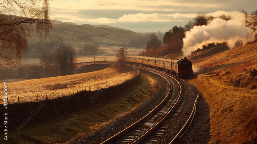 Poster A train approaching on a set of tracks through a scenic countryside, with rolling hills and fields in the background and the train in motion.
