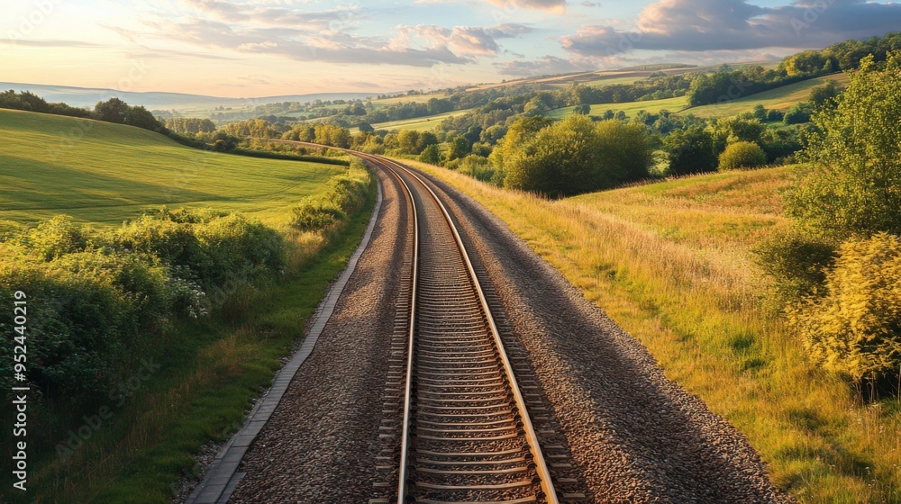 Poster A train approaching on a set of tracks through a scenic countryside, with rolling hills and fields in the background and the train in motion.