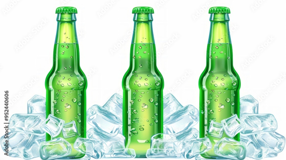 Poster three green bottles sit on ice cubes. the vibrant colors create a refreshing and appealing look. ide