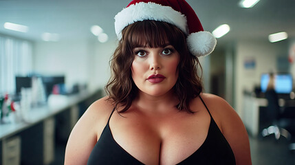 Fototapeta premium Plus size woman wearing a santa hat at the office during holiday season