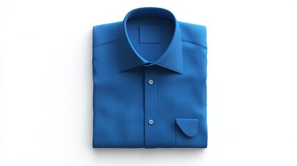 A neatly folded blue dress shirt, showcasing its collar and a single pocket.