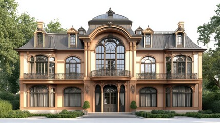 Fototapeta premium Elegant mansion with ornate architecture and large windows surrounded by greenery.