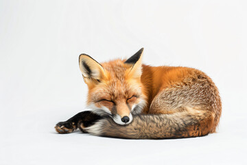a fox curled up sleeping on a white surface