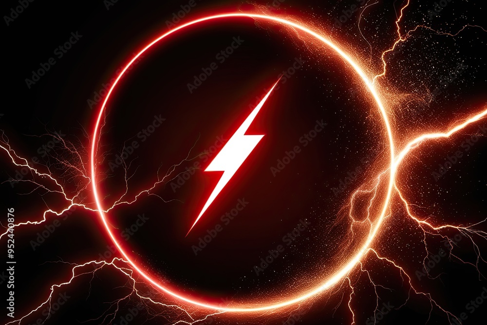Poster red abstract circle lightning effect with glowing swirling particles on dark background