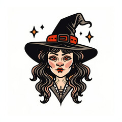 spooky witch very simple traditional tattoo flash styles illustration