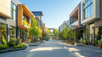 A vibrant city street with beautifully designed modern architecture, clean lines, and landscaped public spaces, set against a clear blue sky.
