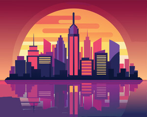 Minimalist Vector Illustration of a City Skyline at Sunset