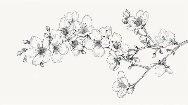 A minimalist line drawing of a cherry blossom branch, capturing the essence of its delicate form with elegant simplicity.