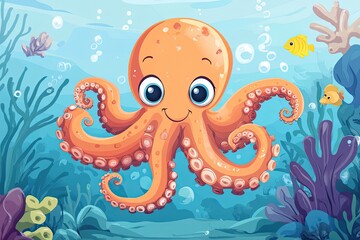 Cute cartoon octopus and baby characters sea creatures, cartoon vector illustration for children