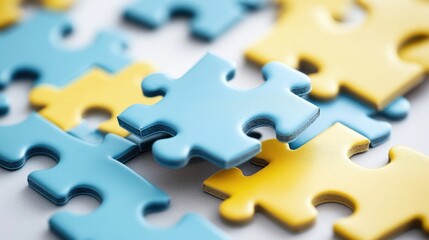 Close-up of blue and yellow puzzle pieces on a white background.