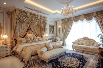 Luxurious bedroom with ornate decor, elegant furnishings, and natural light.