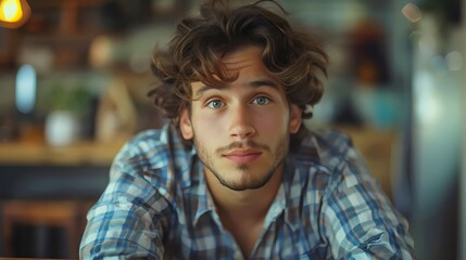 Fototapeta premium A man with a beard and blue plaid shirt is smiling