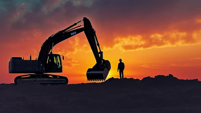 On a building site, a man constructor operates an excavator or crane.