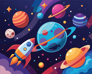 Vector Illustration of a Space Scene with Planets and Stars