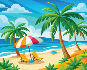 Vector Illustration of a Tropical Beach with Palm Trees