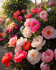A breathtaking, cinematic photograph of a lush peonies garden