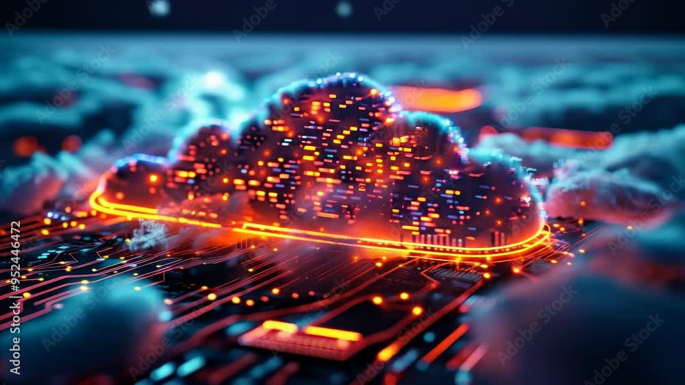 Poster futuristic neon cloud computing network expansion at night in an illuminated data center depicting t