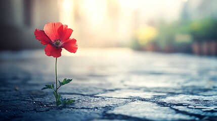 Single Poppy Flower on a Cracked Pavement in Warm Sunlight