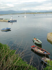 Boats moored in Roundstone Harbour, Ireland