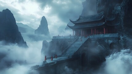 Mystical mountain temple with monks practicing martial arts amid clouds Ancient weathered textures foggy ambiance detailed 3D architecture
