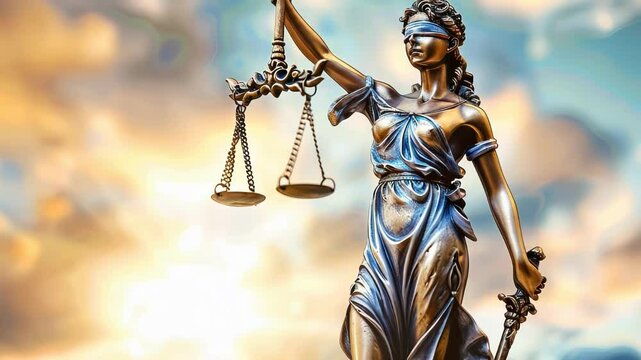 Lady Justice Statue at Sunset Holding Scales and Sword: Symbol of Fairness and Law - Vibrant Close-up Capturing Legal and Justice Concepts, Perfect for Legal Themes