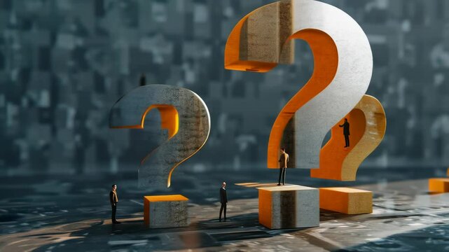 Corporate Decision-Making: Business People Confronting Giant Question Marks, Abstract Daytime Setting, Strategic Planning, Problem Solving, Innovation in Complex Corporate Environment