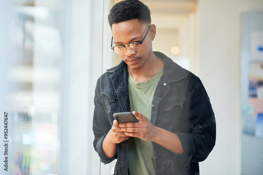 Poster phone, thinking and businessman texting for social media, message and online in office for internet 