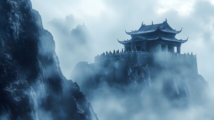 Ancient mountain temple shrouded in mystical fog with monks practicing martial arts Weathered textures and foggy ambiance 3D-rendered architecture
