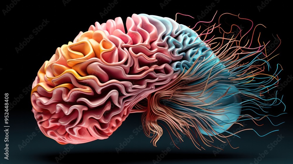 Poster a vibrant 3d rendering of a human brain, highlighting the intricate folds and gyri, with a pulsating