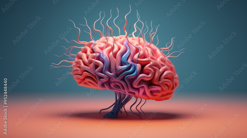 Poster a vibrant 3d rendering of a human brain, highlighting the intricate folds and gyri, with a pulsating