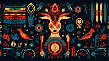 Fototapeta premium A vibrant and intricate Native American tribal pattern, featuring bold geometric shapes, stylized animal motifs, and a rich color palette.