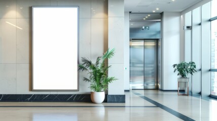 Mockup blank advertising billboard at front of elevator in office building or shopping mall, empty space for insert your text, announcement and advertisement promotion