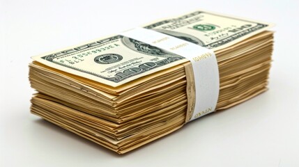 A neat stack of cash featuring several hundred dollar bills. The vibrant green notes are tightly bound with white paper. This image illustrates wealth and finance. AI