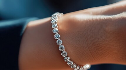 A close-up of a diamond tennis bracelet on a woman wrist, illustrating the elegance and timeless appeal of fine jewelry