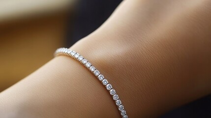 A close-up of a diamond tennis bracelet on a woman wrist, illustrating the elegance and timeless appeal of fine jewelry
