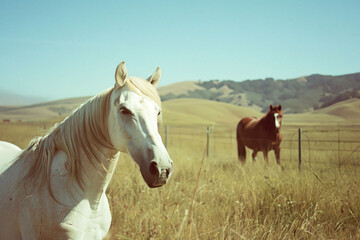 Fototapeta premium two horses standing in a field with mountains in the background