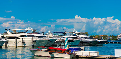 Luxury yacht boat moored at harbor pier in Miami beach summer marina, Florida
