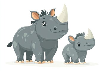 Fototapeta premium Cute cartoon rhino and calf characters savanna animals, cartoon vector illustration for children