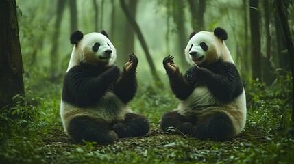 Obraz premium Pandas Practicing Yoga in Tranquil Forest Setting Inspiring Serenity