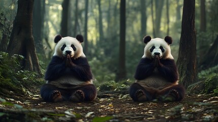 Obraz premium Serene Pandas Practicing Yoga in Tranquil Forest Clearing Inspiring Onlookers with Balanced Poses