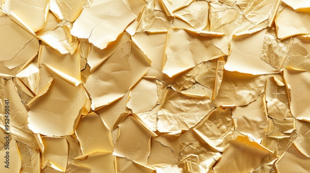 Poster an abstract composition of gold leaf fragments arranged in a harmonious pattern, evoking a sense of 