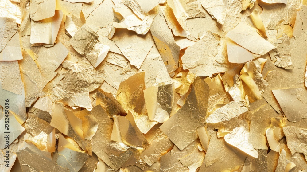 Poster an abstract composition of gold leaf fragments arranged in a harmonious pattern, evoking a sense of 