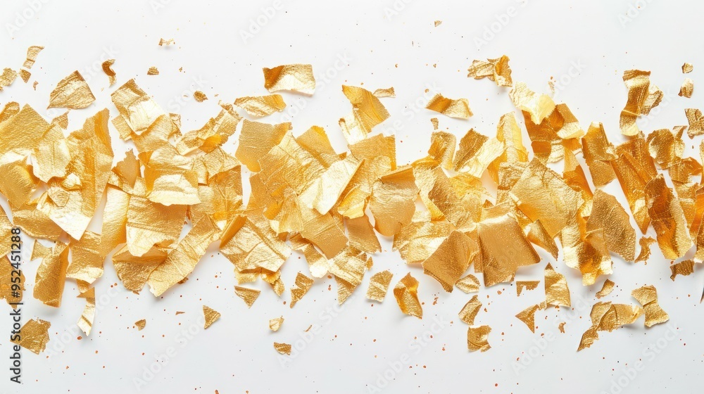 Poster an abstract composition of gold leaf fragments arranged in a harmonious pattern, evoking a sense of 