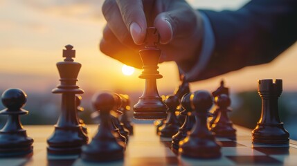 chess battle, victory, success, leader, teamwork, business strategy . business man wear business suit move prepare move king chess pieces, plan strategy lead successful business competition leader.