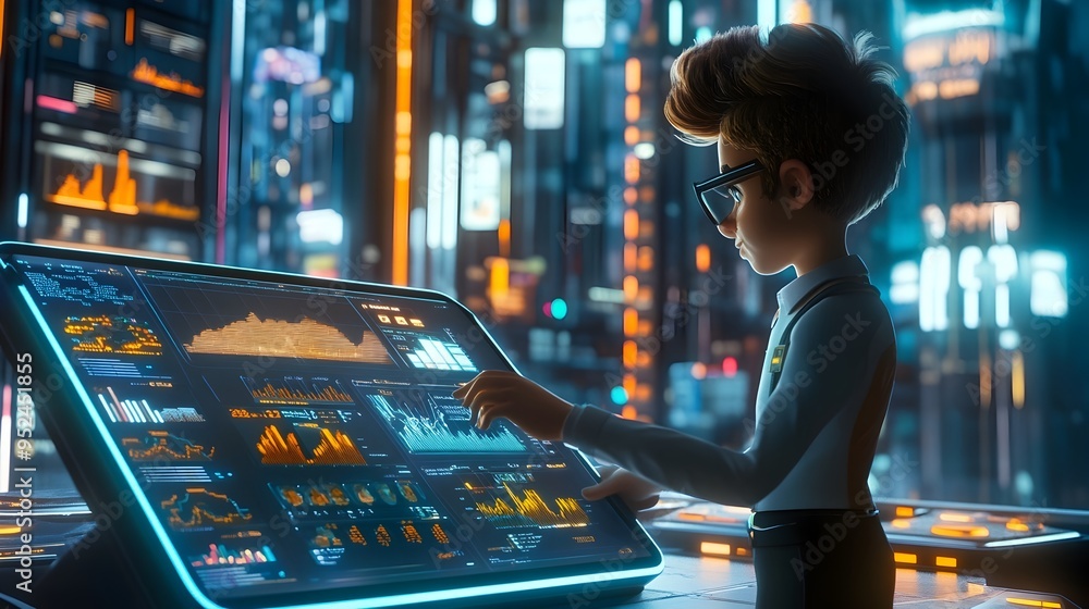 Poster futuristic fuzzy accountant navigating advanced financial analytics on cutting edge tablet interface