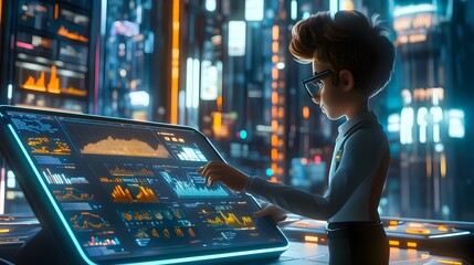 Futuristic Fuzzy Accountant Navigating Advanced Financial Analytics on Cutting Edge Tablet Interface