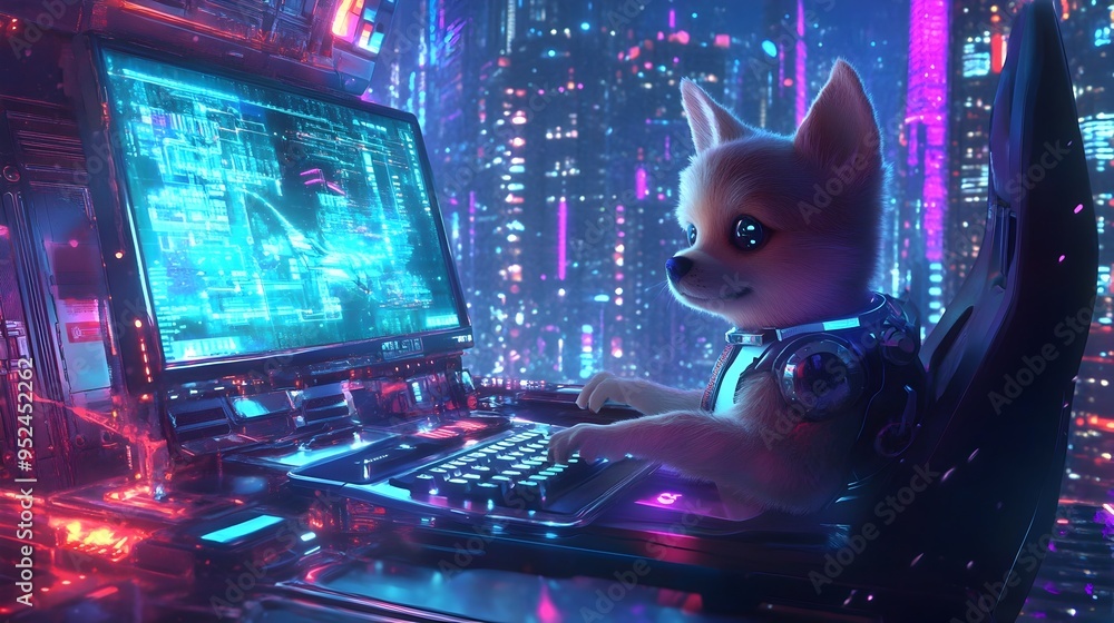 Aufkleber adorable puppy programmer typing furiously on futuristic glass paneled computer with holographic dis
