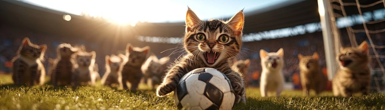 A playful kitten dominates the soccer field, eagerly interacting with a ball amidst a crowd of adorable feline friends.