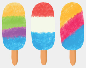 Colorful summer popsicles isolated on white background. Set of fruit popsicle rainbow colored.  Tasty sundae, gelato, ice lolly, lollipop candy, chocolate, vanilla and strawberry watercolor ice cream